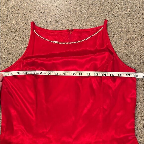 JESSICA MCCLINTOCK GUNNE SAX Vintage 90s Red Satin Rhinestone Mini Dress - Picture 13 of 15